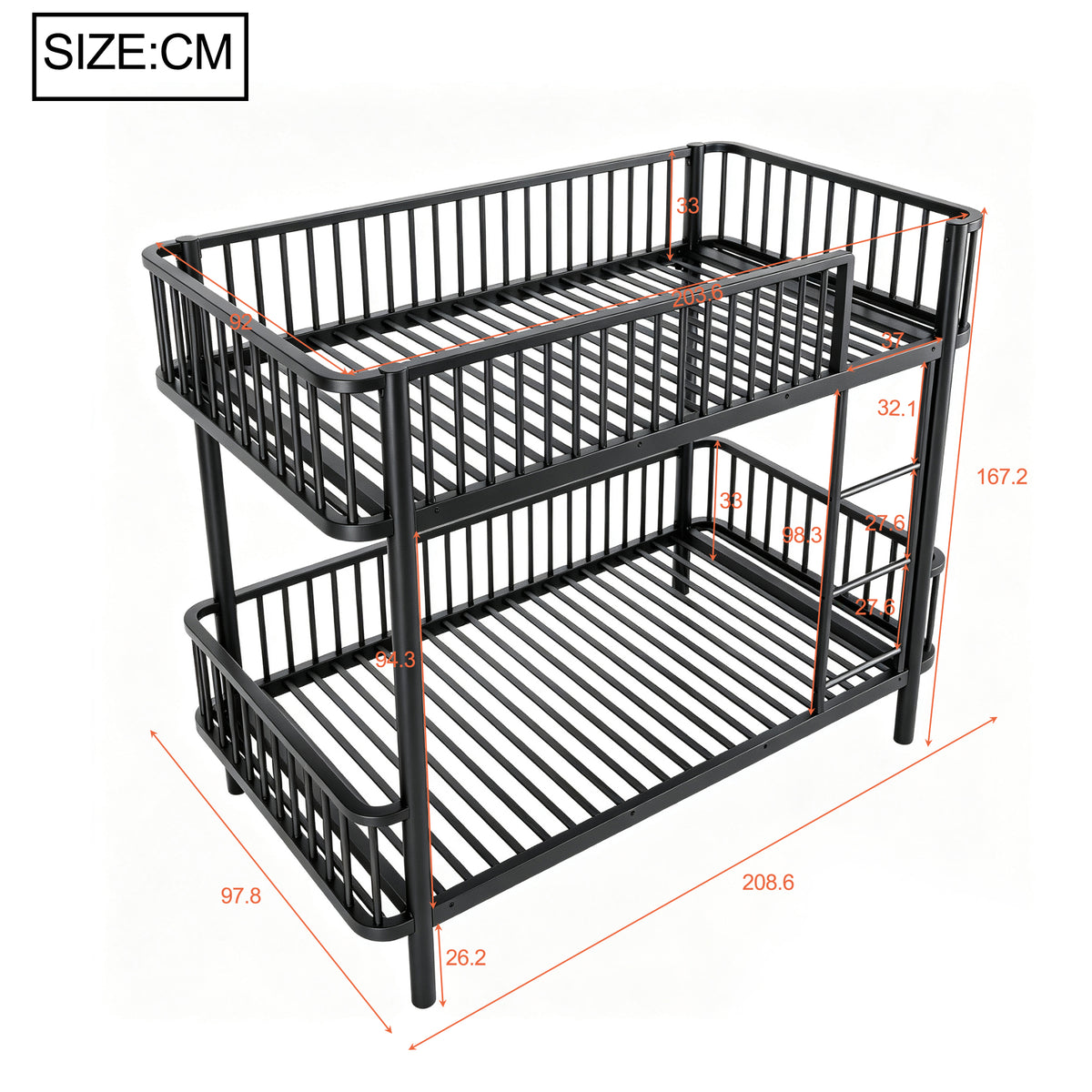 Metal Bunk Bed 90x200 Space-Saving Safety Railing, Black