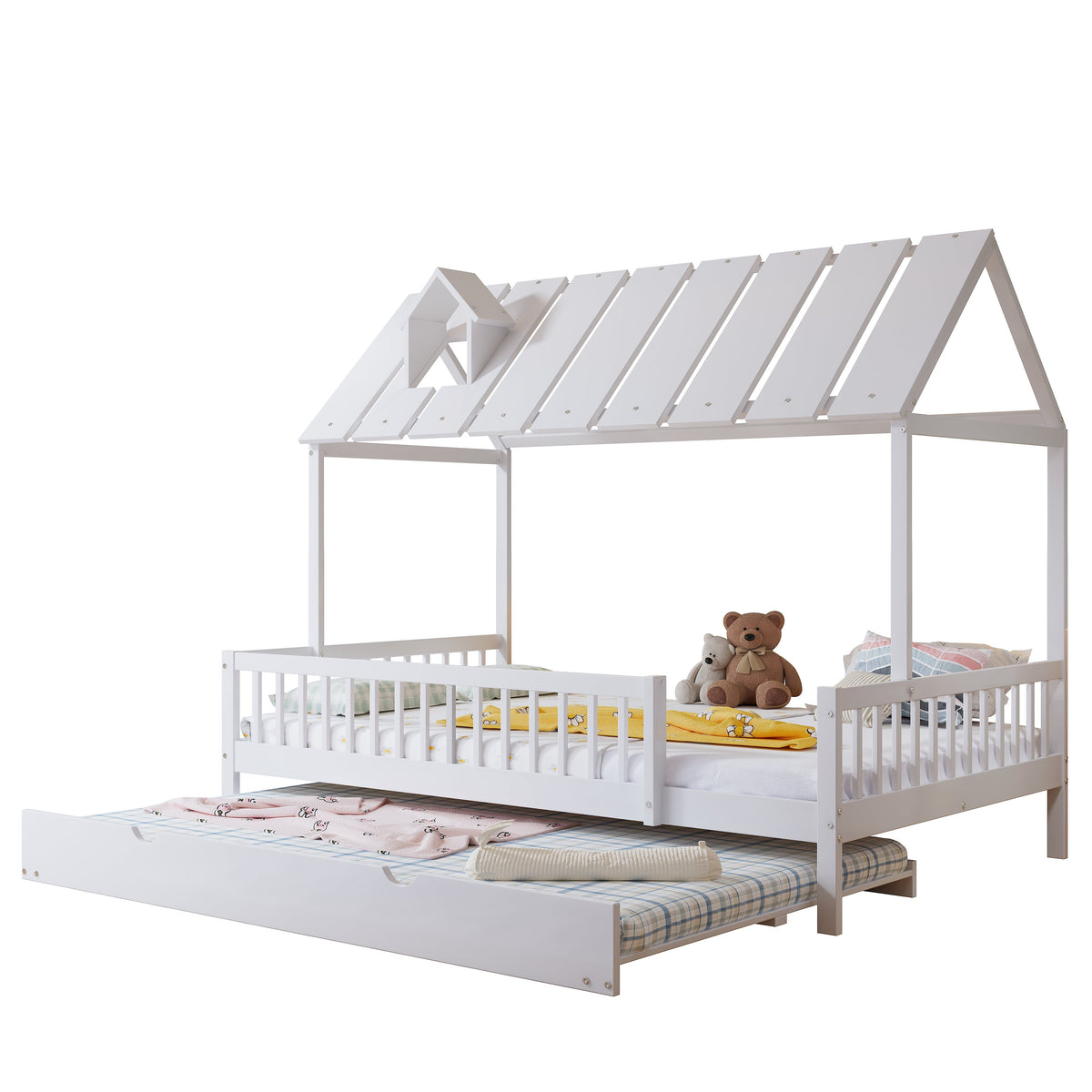 House Bed, Trundle Bed with Chimney, 3-Sided Rail, Pine+MDF, White