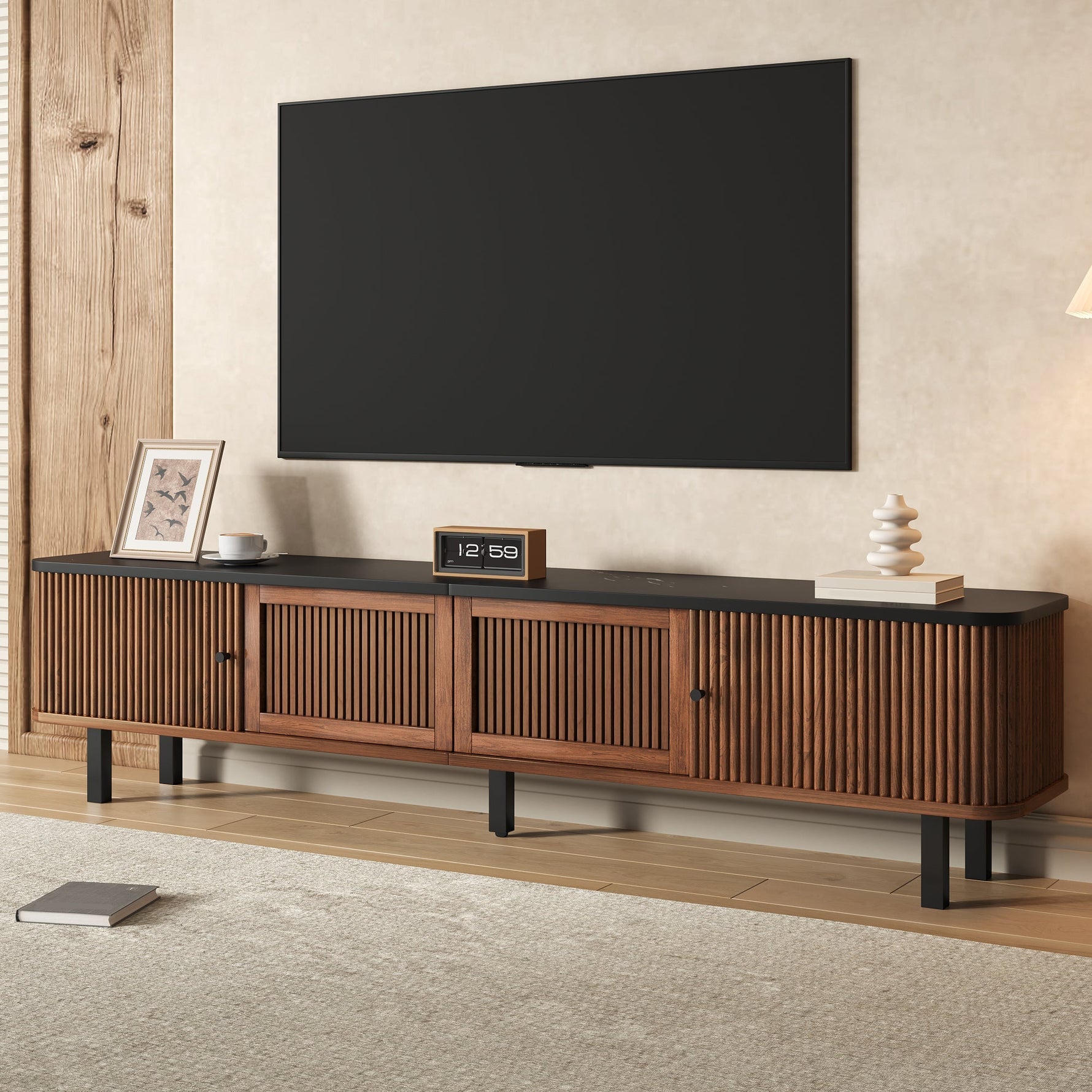 Modern Low TV Cabinet 190cm with Sliding & Mesh Doors