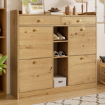 Shoe Cabinet with 4 Hinged Doors, 2 Drawers and 3 Open Compartments, 110x26x100cm, Wood Color