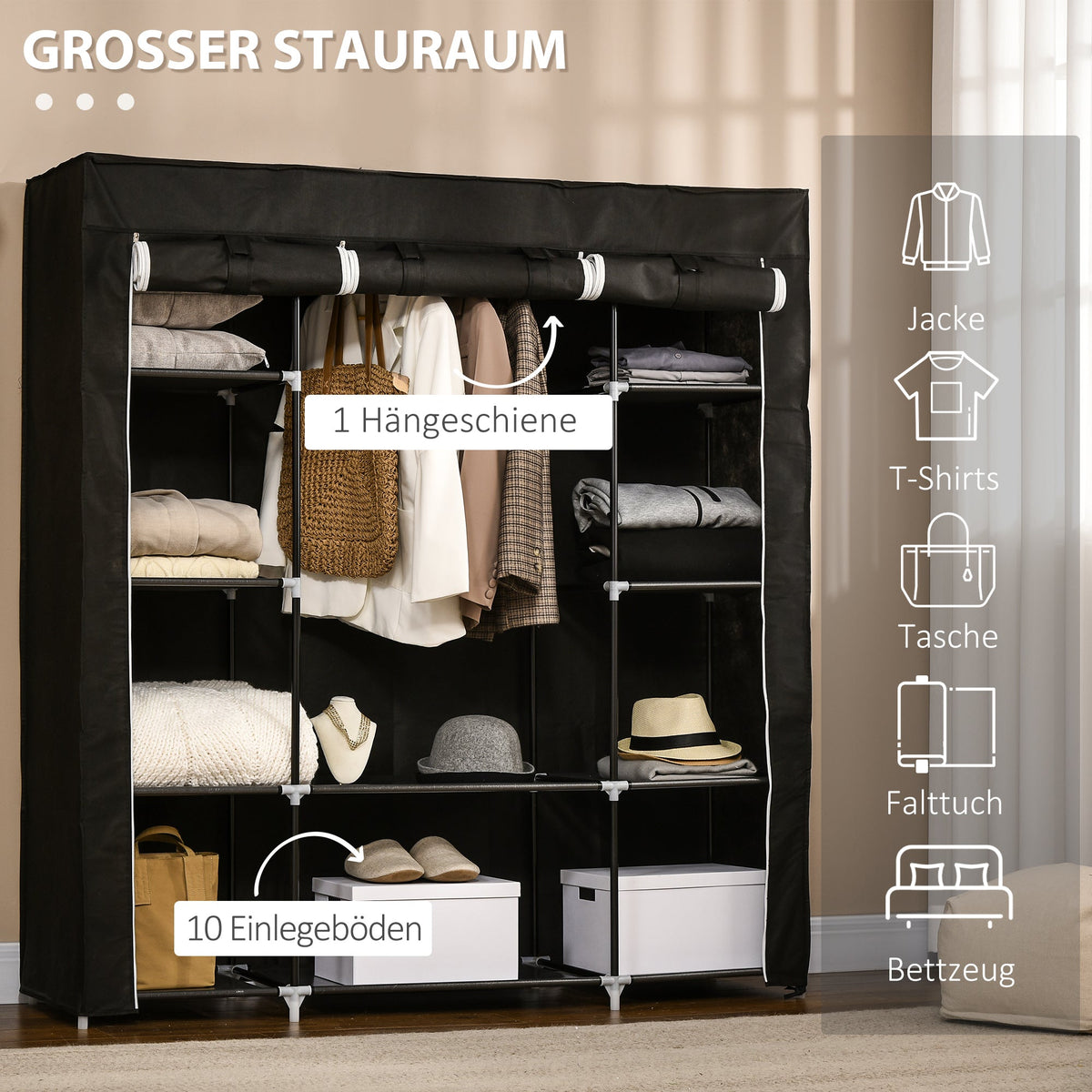 Fabric Wardrobe, Zippered 1 Clothes Rail 10 Shelves, Nonwoven Fabric