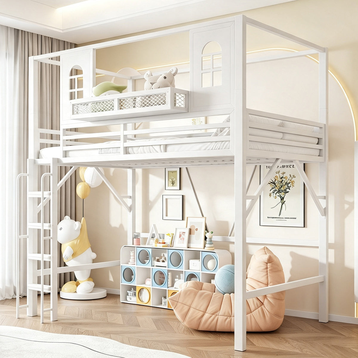 Children's Loft Bed 90x200 cm with Roof Design, White Metal