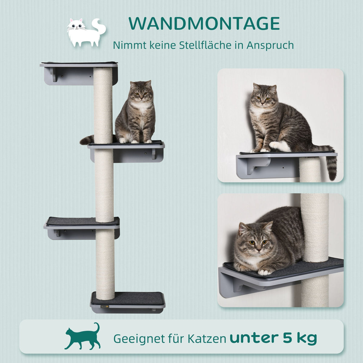 Wall-Mounted Cat Scratching Post with Climbing Wall, Wood in Light Grey Beige