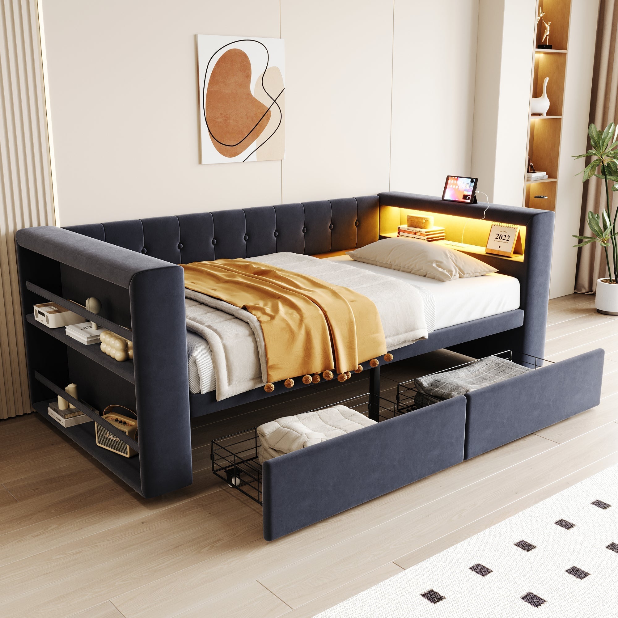 Upholstered Bed 90×190 cm LED Power Outlet Storage Drawers, Dark Grey