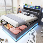 Children's Bed, Upholstered with Lights, USB, Storage, Gray Linen
