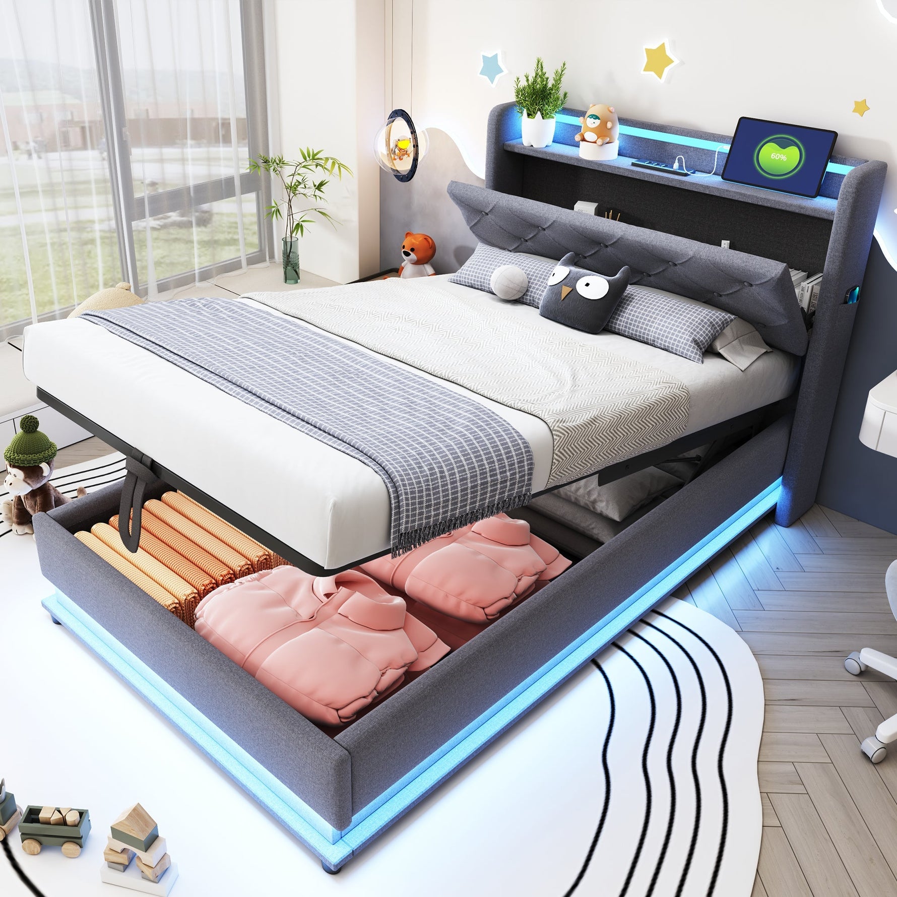 Children's Bed, Upholstered with Lights, USB, Storage, Gray Linen