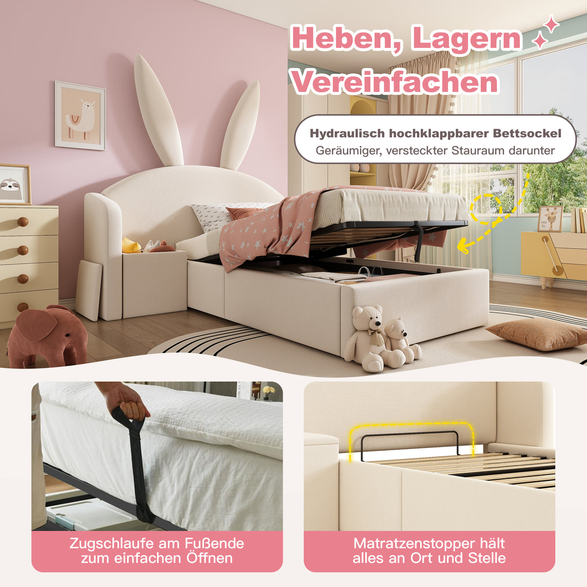 Bunny Ear Kids Bed 90x190cm, Hydraulic Storage, Beige Velvet