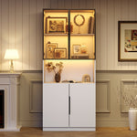 Display Cabinet, Glass Doors LED Lights Bookshelf, White
