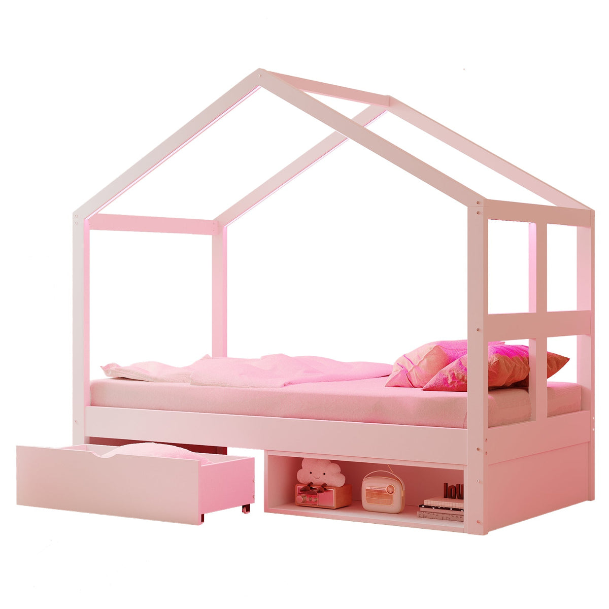 Wooden Bed with Drawers, Shoe Cabinet and LED Lighting, 90x190cm, White Wood