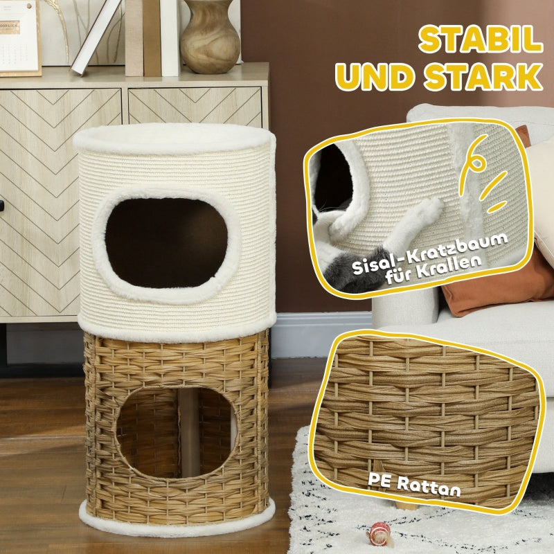 Cat Scratching Barrel, 80cm High, Three-Tier, Plush Rim, Cream White + Brown