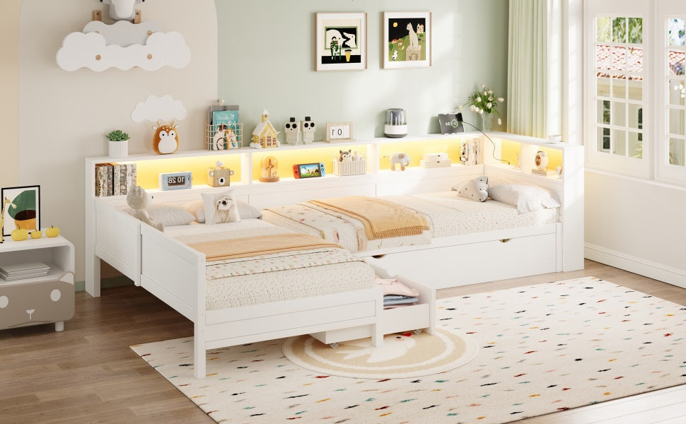 Wooden L-Shaped Platform Bed with Pull-Out Bed and Drawer, White