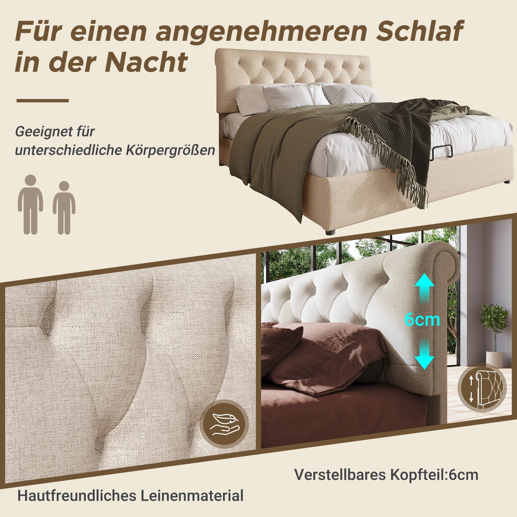 Hydraulic Upholstered Bed, 140x200cm Adjustable Headboard with Storage, Natural