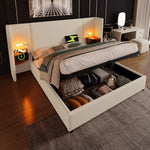Upholstered Double Bed 180x200 with Bedside Table, Reading Lamp, USB-C Charging, Beige Linen