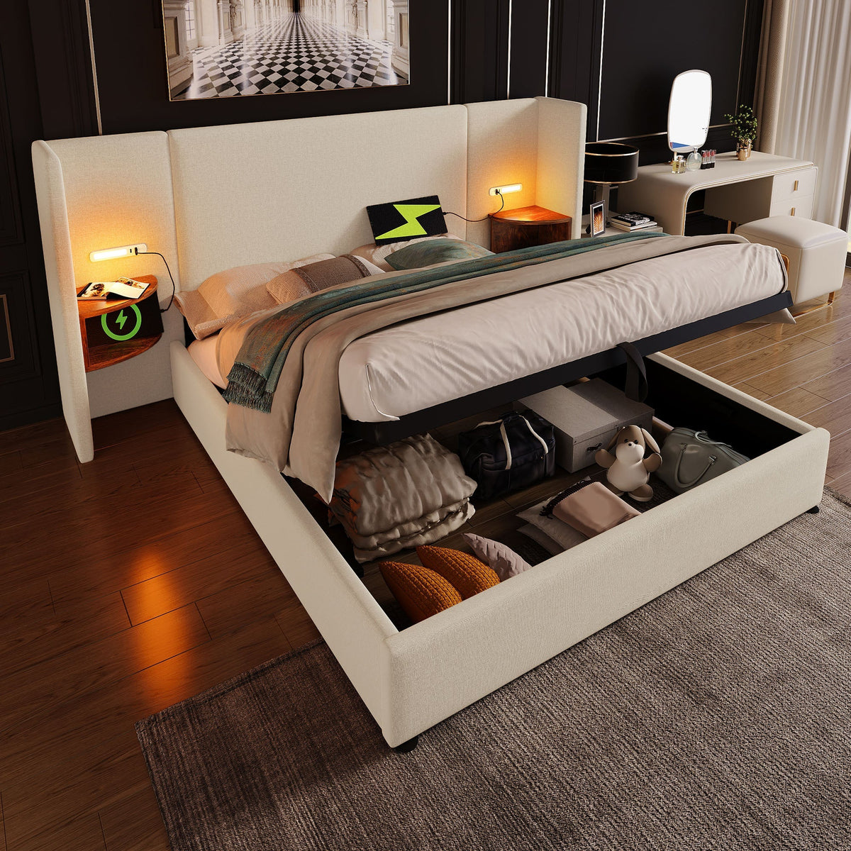 Upholstered Double Bed 180x200 with Bedside Table, Reading Lamp, USB-C Charging, Beige Linen