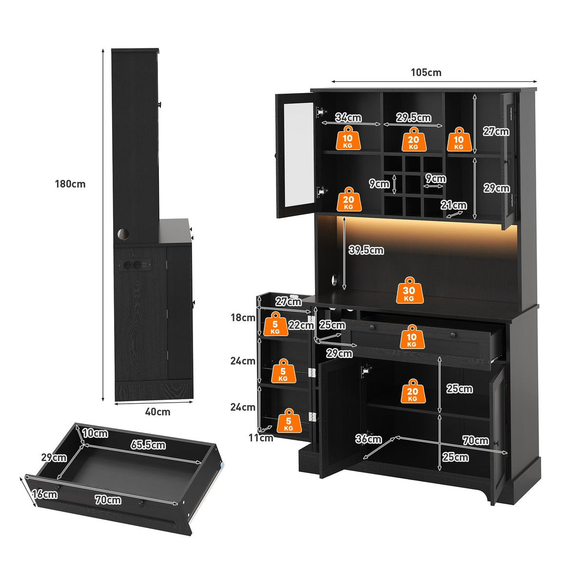 Kitchen Cabinet with LED Lighting, Power Outlet and Spice Rack, 180 x 105 x 40 cm