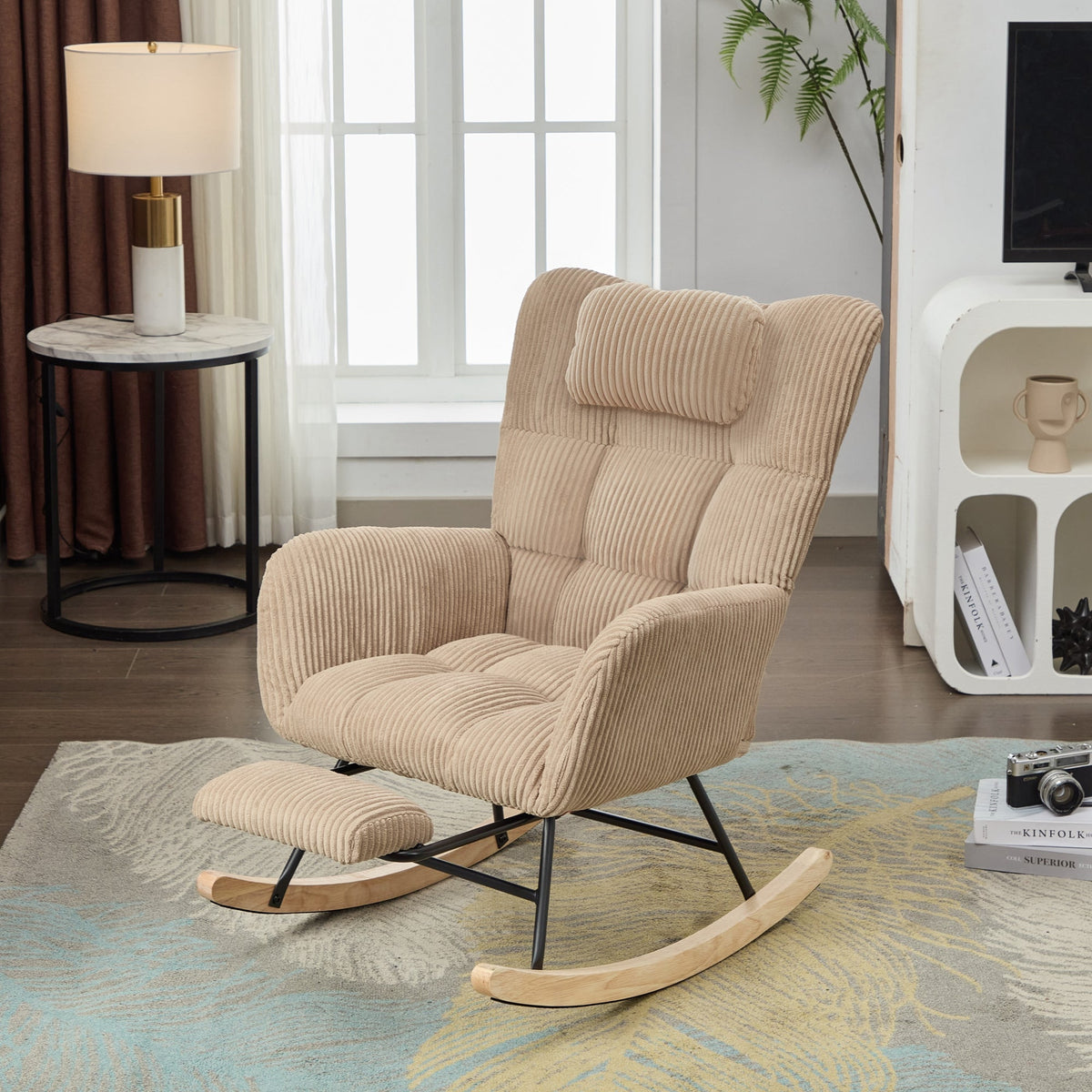 Rocking Chair, Modern Upholstered High Back with Neck Pillow, Brown Fabric
