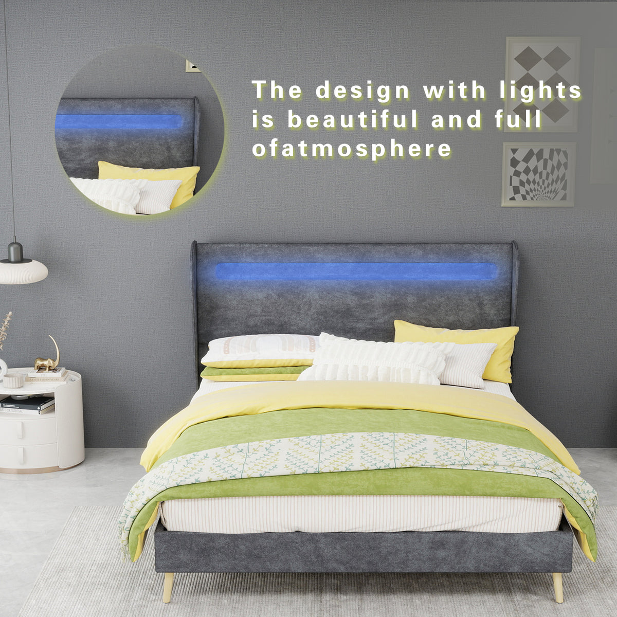 Modern Upholstered Bed 140x200cm with LED Headboard & Mattress, Grey
