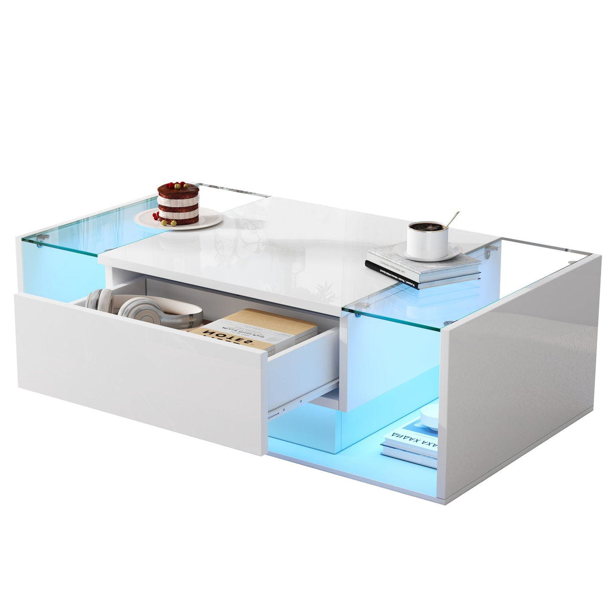 Coffee Table, 1 Drawer LED Light Tempered Glass, White High-Gloss