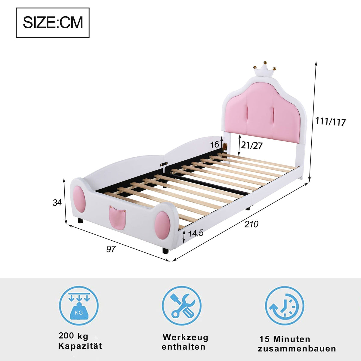 Upholstered Children's Bed 90x200cm Headboard Faux Leather White