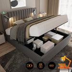 Upholstered Bed 160x200, Double Bed with Storage, Reading Light, Rivet Headboard, Gray Cotton