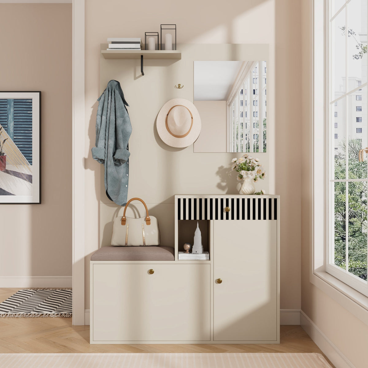 Wardrobe Set, Hallway with Mirror & Cushions, Shoe Cabinet, 110 x 185.5 x 37 cm, Compact