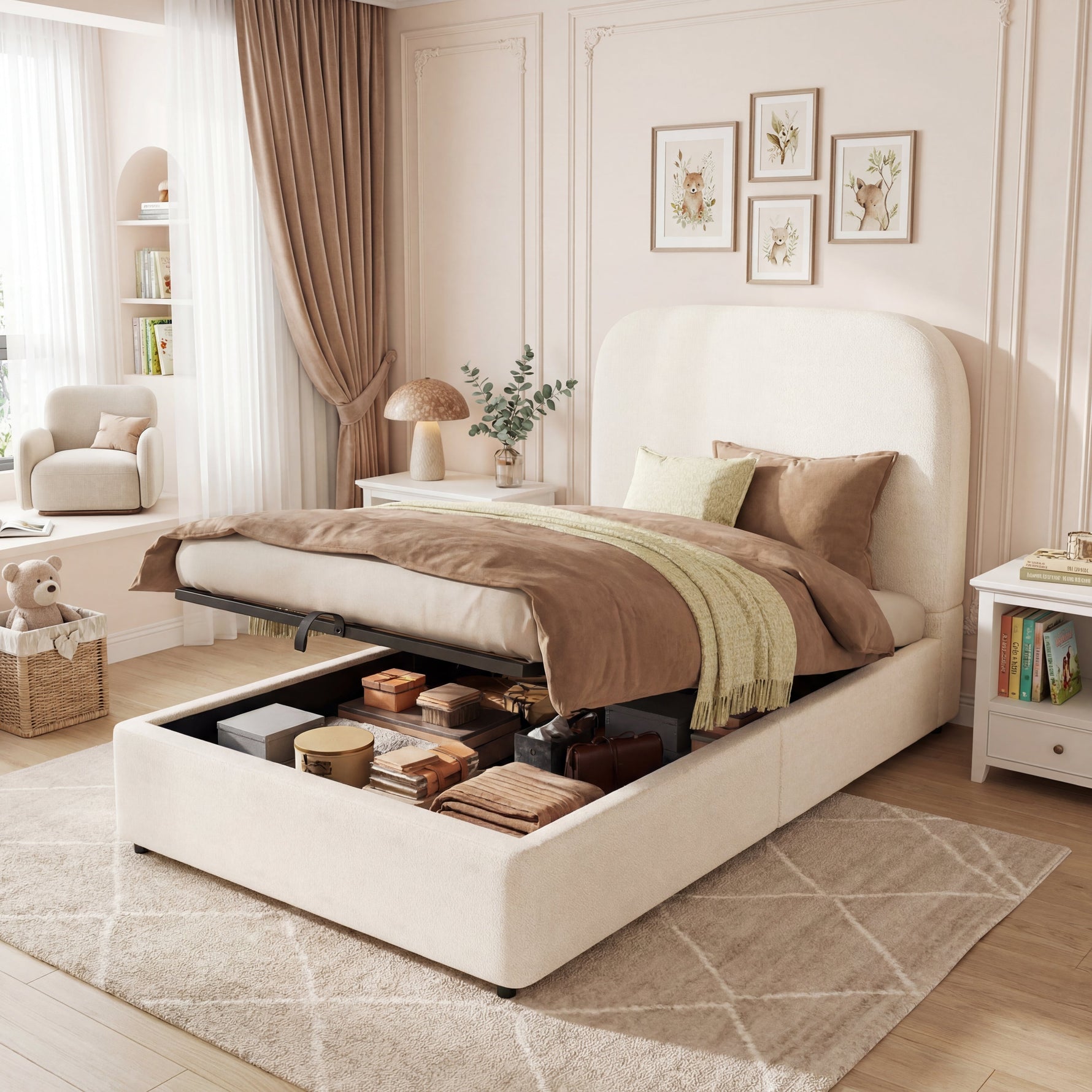 Upholstered Bed, 90x200cm Single Children's Bed with Hydraulic Storage and Slatted Base, Beige Bouclé