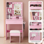 Small Vanity Set with LED Mirror, Storage & Stool, Pink