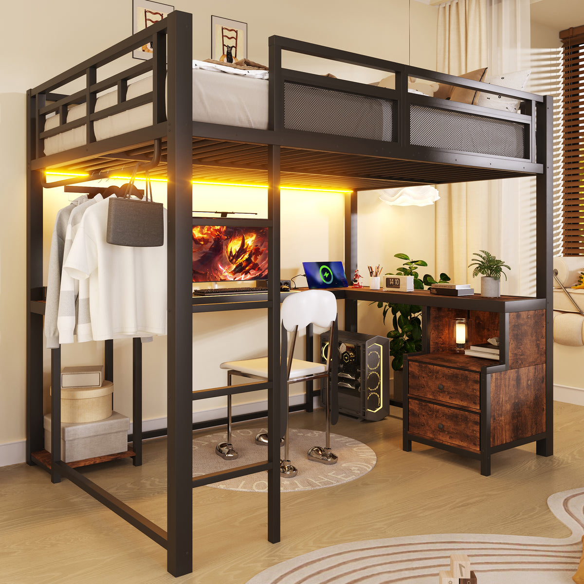 Metal Loft Bed 140x200cm with Desk, LED & Storage, Metal