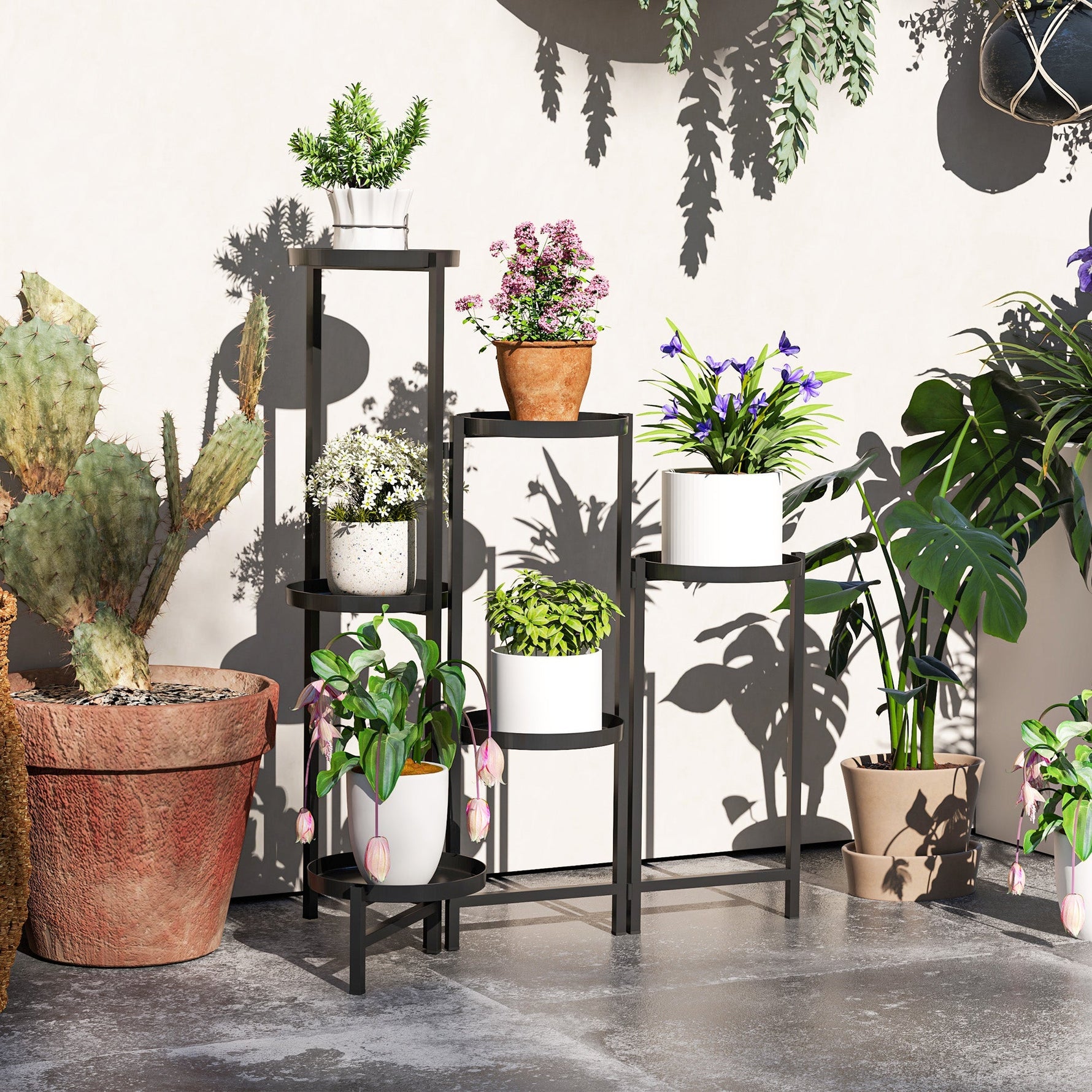 Plant Stand, 6-Tier Foldable Trays 80cm High, Metal Black