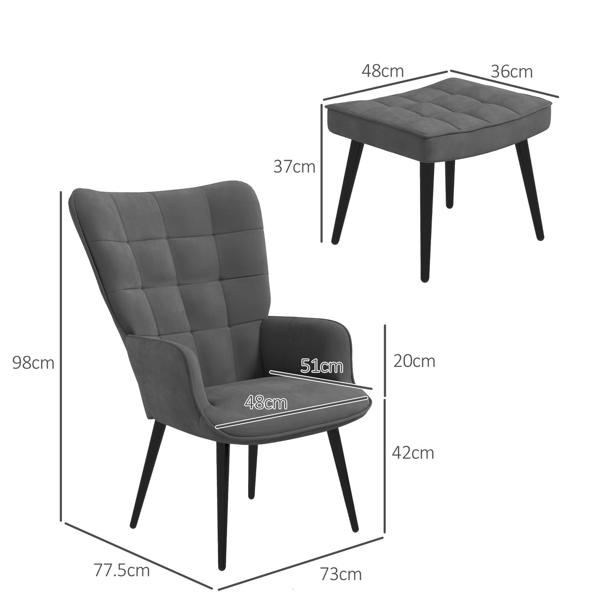 Wingback Chair with Stool, Upholstered Lounge Chair, Dark Grey Velvet