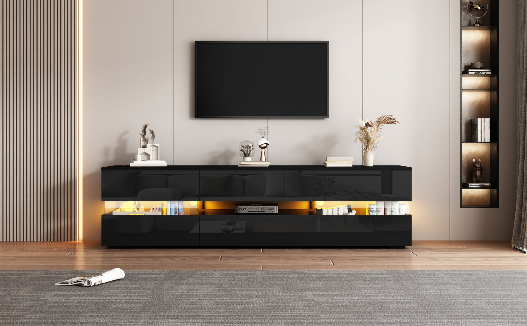Modern High-Gloss TV Cabinet 160x39x45cm LED 2 Doors 1 Drawer - Black