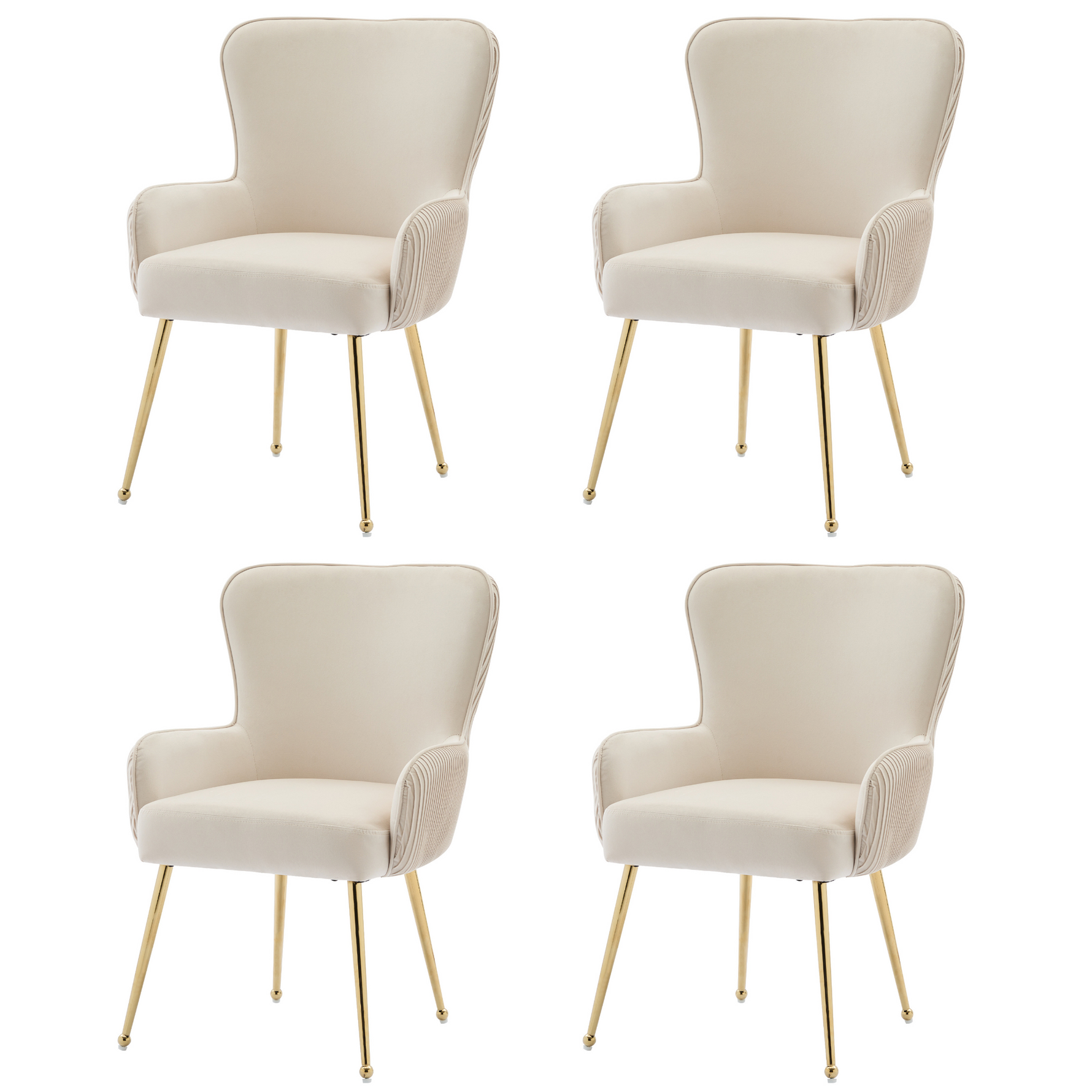 Velvet Dining Chair Set of 4 Gold Metal Legs Armrests Lumbar Support - Beige