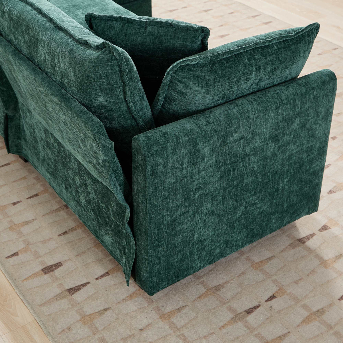 Cloud Sofa 3-Seat Sectional Couch with Double Layer Upholstered Cushion, Green Chenille Fabric