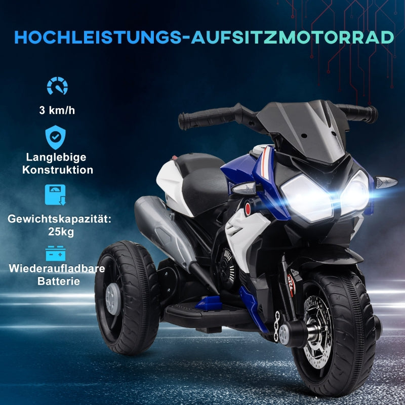 Electric Children's Motorcycle with Lights and Sounds, Rechargeable, Blue and White