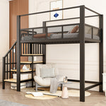 Metal Loft Bed 90x200cm with Canopy, Desk & Storage Steps, Black