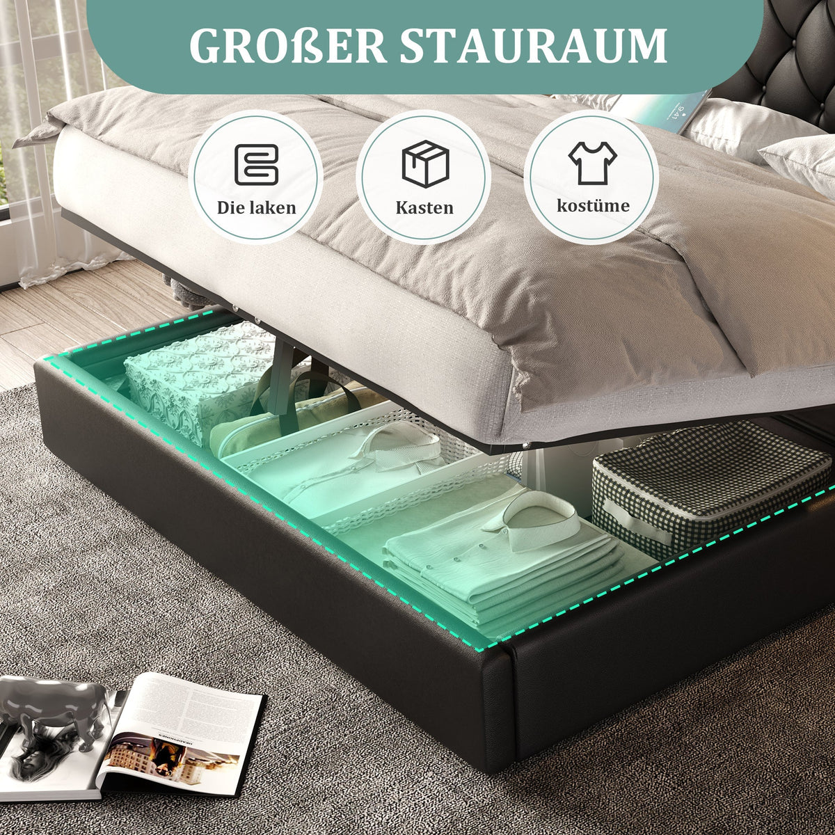 Bed Frame 160x200cm Hydraulic Storage USB Desk Lamp Velvet, Black