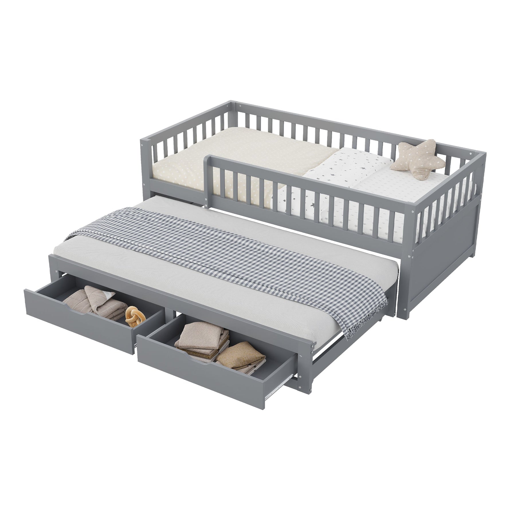 Solid Wood Sofa Bed, Pull-out Storage Drawers Safety Rail 90x200cm, Grey