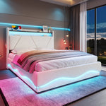 Modern Upholstered Bed 140x200cm, LED Headboard, Storage, USB Ports, Gas Spring Slatted Base