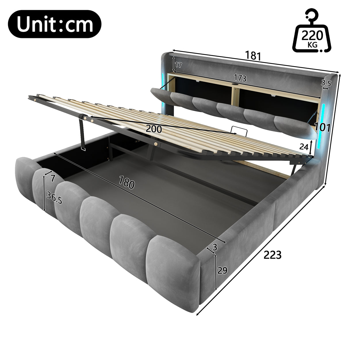 Upholstered Storage Bed 180x200 cm with LED in Velvet