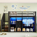 Mid-Height Bed 90x200cm 2 Drawers Open Wardrobe LED Storage - Black