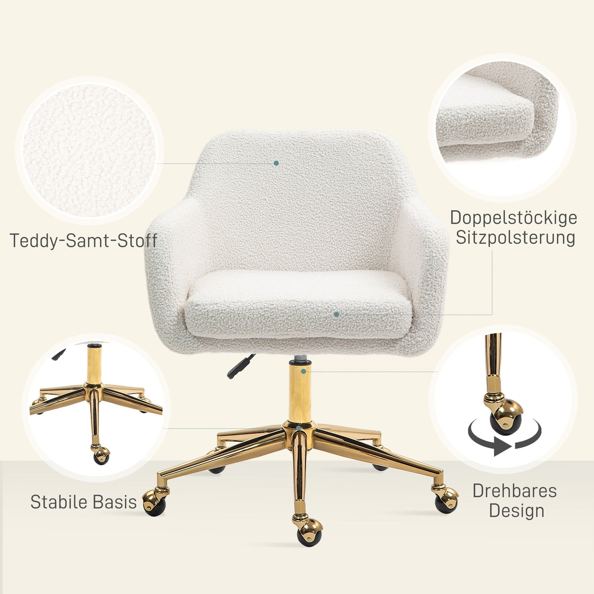 Office Chair, Height-Adjustable Swivel Recliner Steel Frame, Cream White Velvet