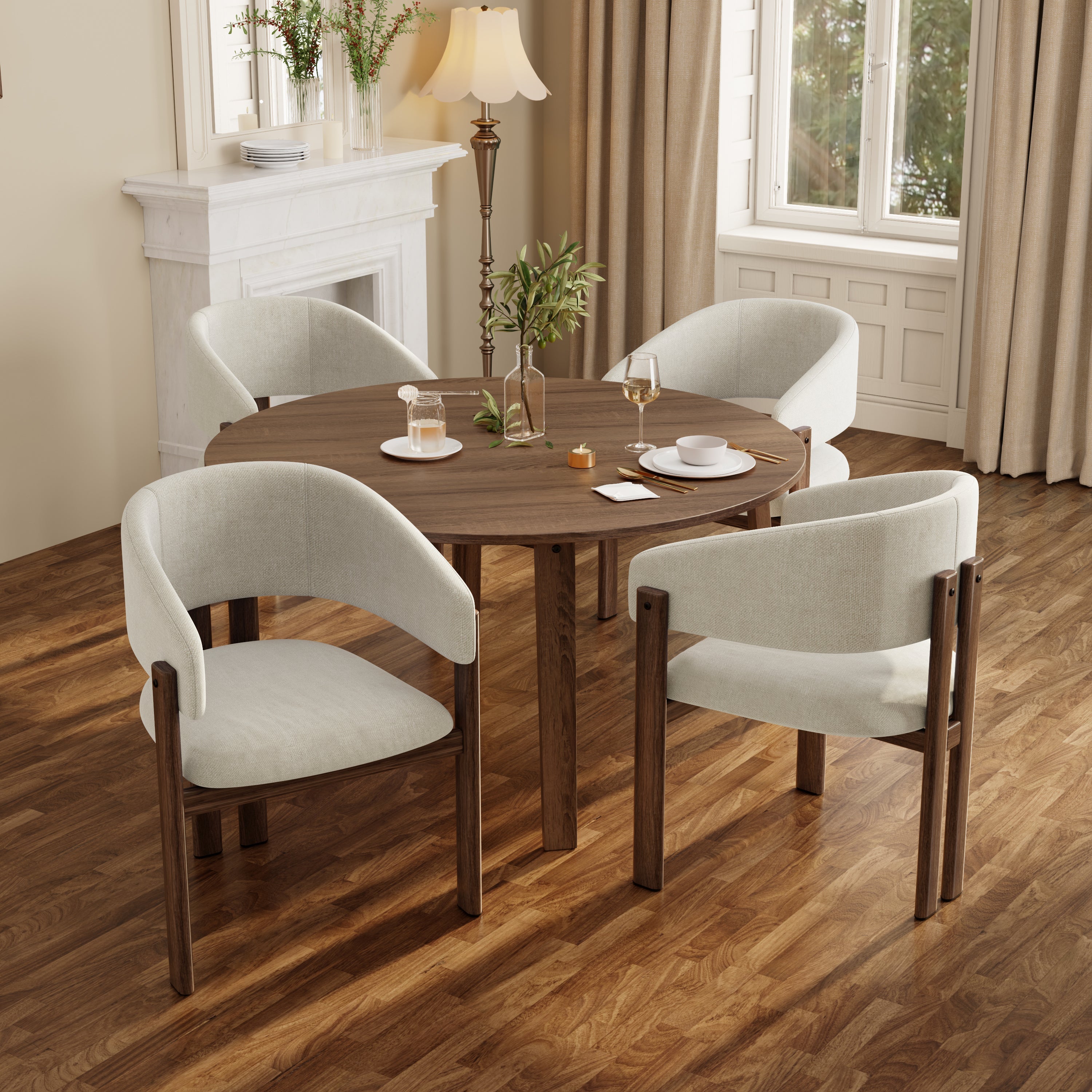 4 Metal Dining Chairs Modern Wood Look Linen Fabric Seat Walnut Color