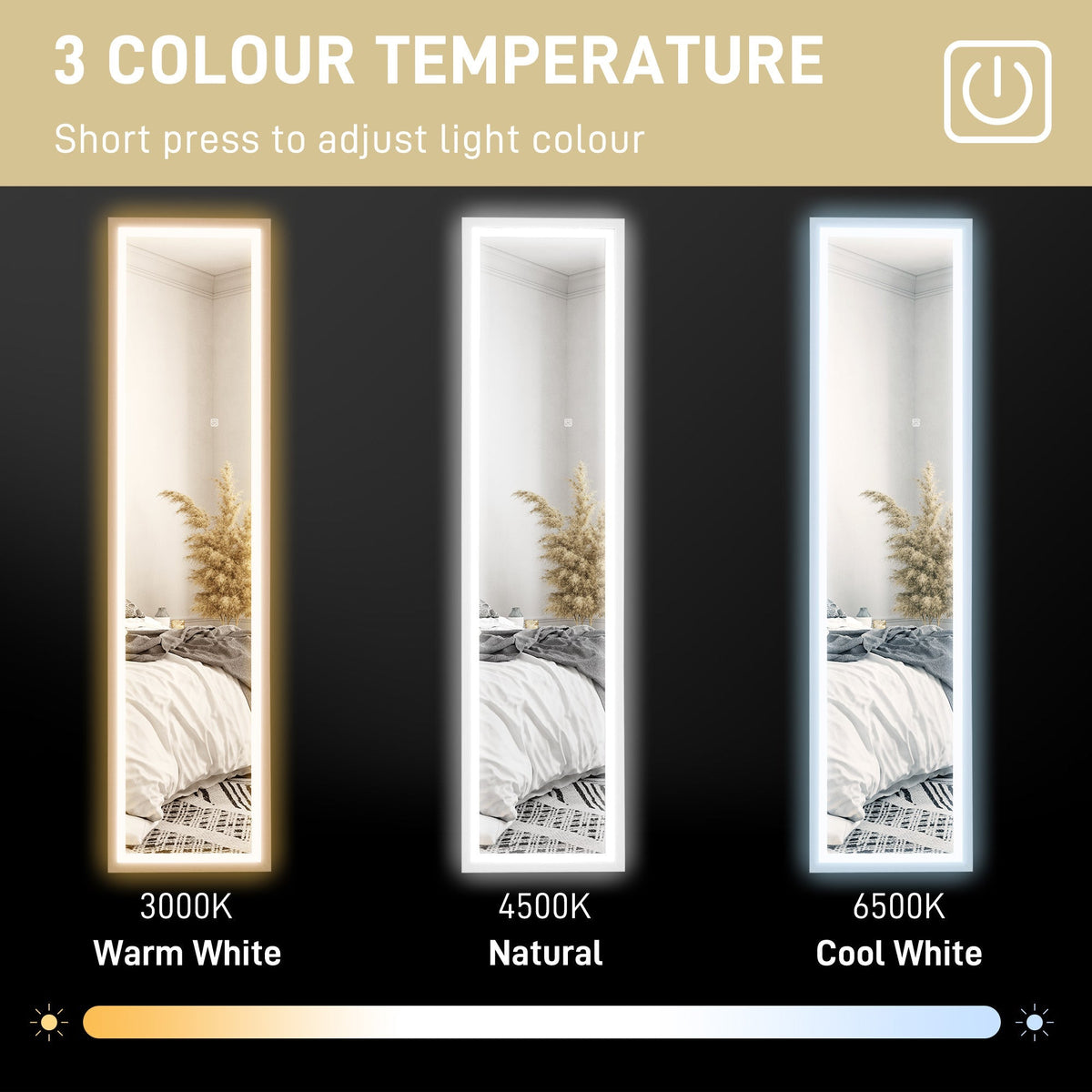 Full-Length Mirror, LED Light, Touch Control, White