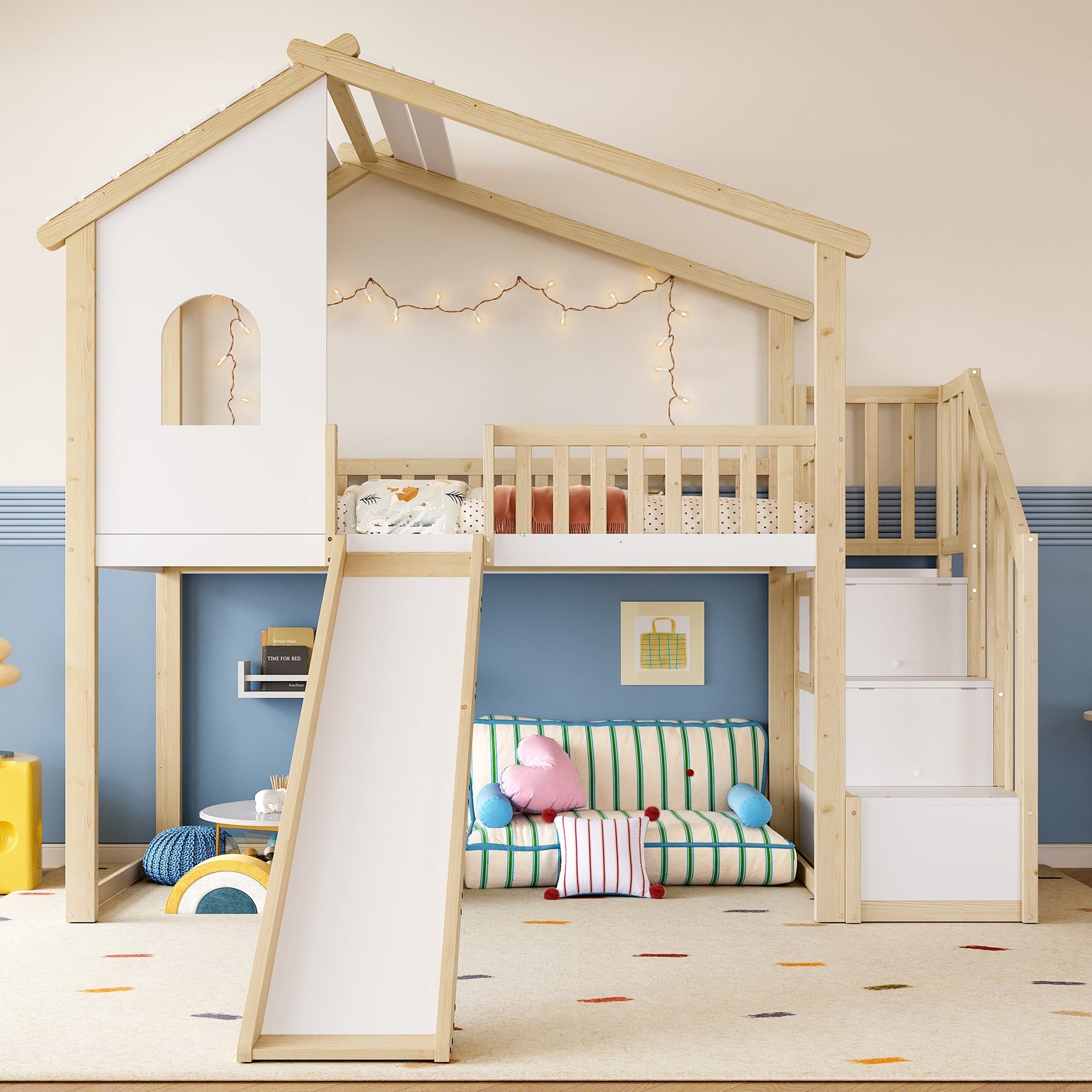 Loft Bed with Storage Ladder, Slide and Window, Natural and White