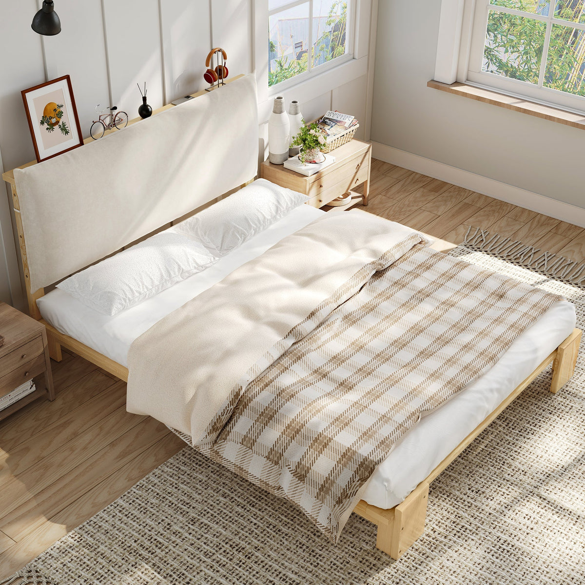 Upholstered Bed with Padded Headboard and Sturdy Slatted Base, 140x200cm, Natural Pine
