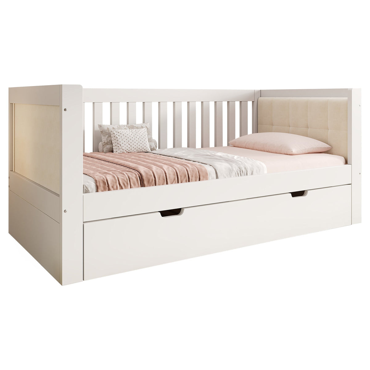Daybed with Pull-out Bed, 90x200cm and 90x190cm, Space-Saving Wood, White