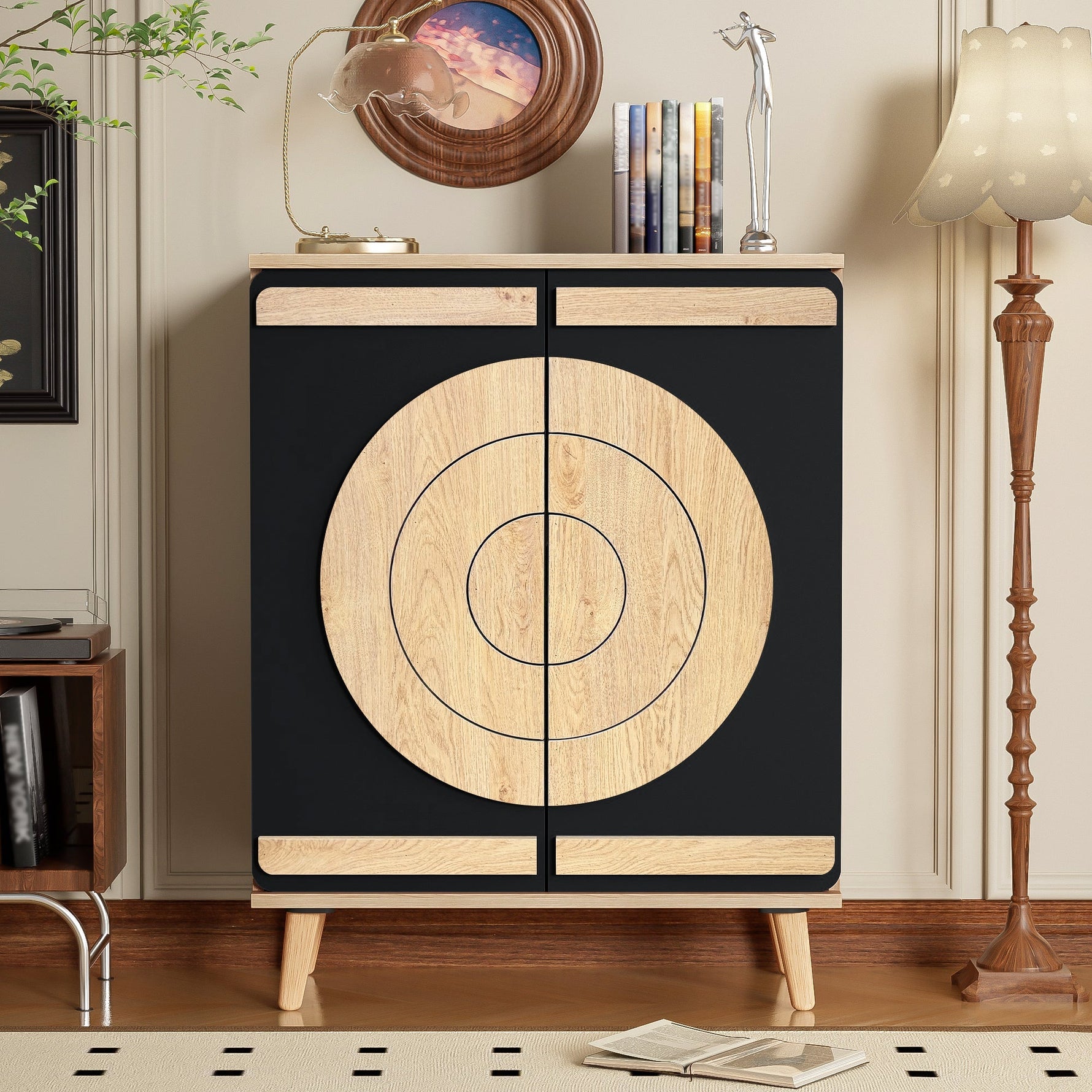 Modern Shoe Cabinet with Geometric Doors and Multi-Level Storage, Black and Natural Wood