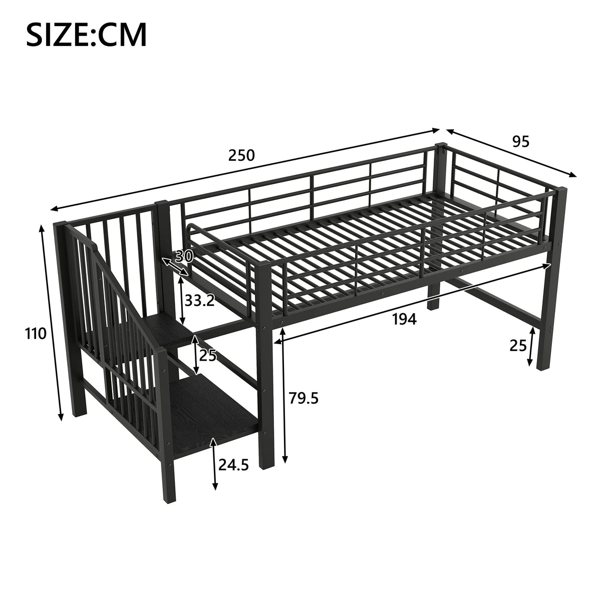 Semi-High Loft Bed 90x200 Storage Stairs Black