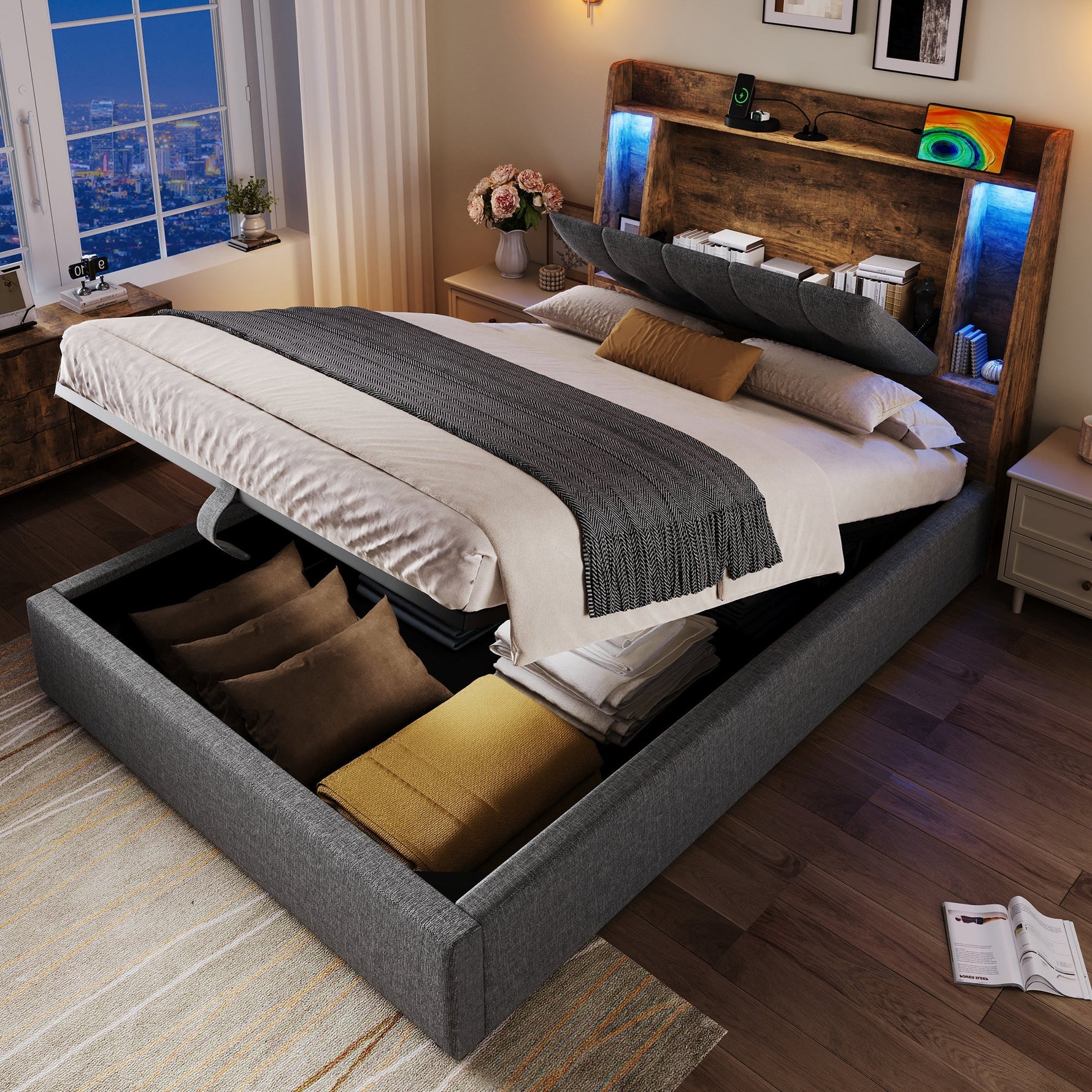 Upholstered Bed 90x200cm Flip-Top Storage LED USB/Type-C App Control - Linen Grey