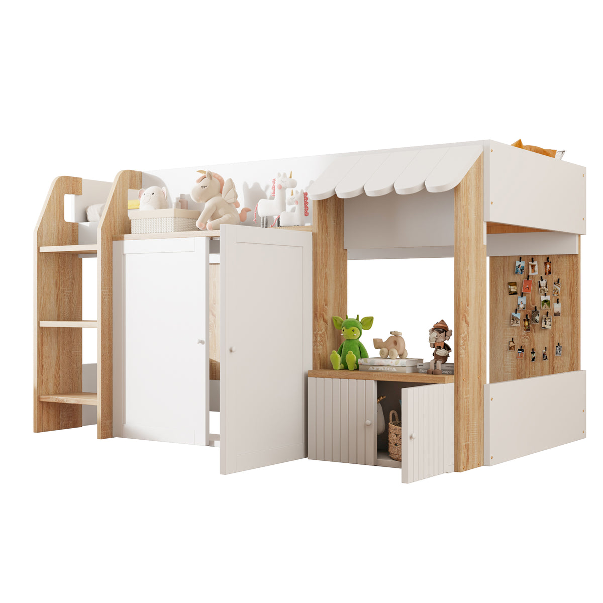 Children's House Bed 90x200cm with Storage & Ladder, Solid Wood